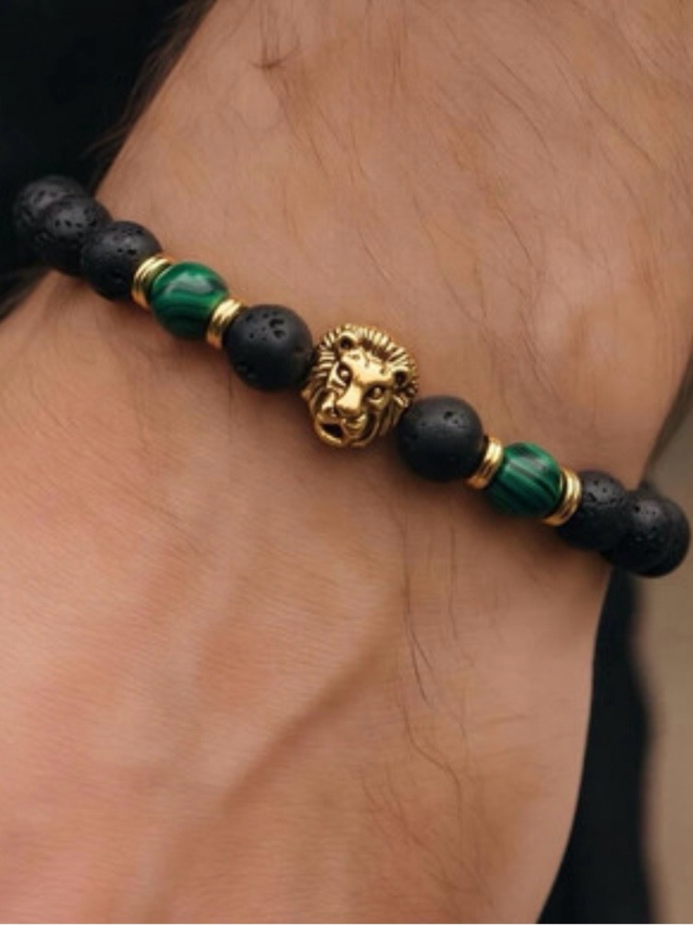 Gold Lion Head Bracelet with Black Lava and Green Beads